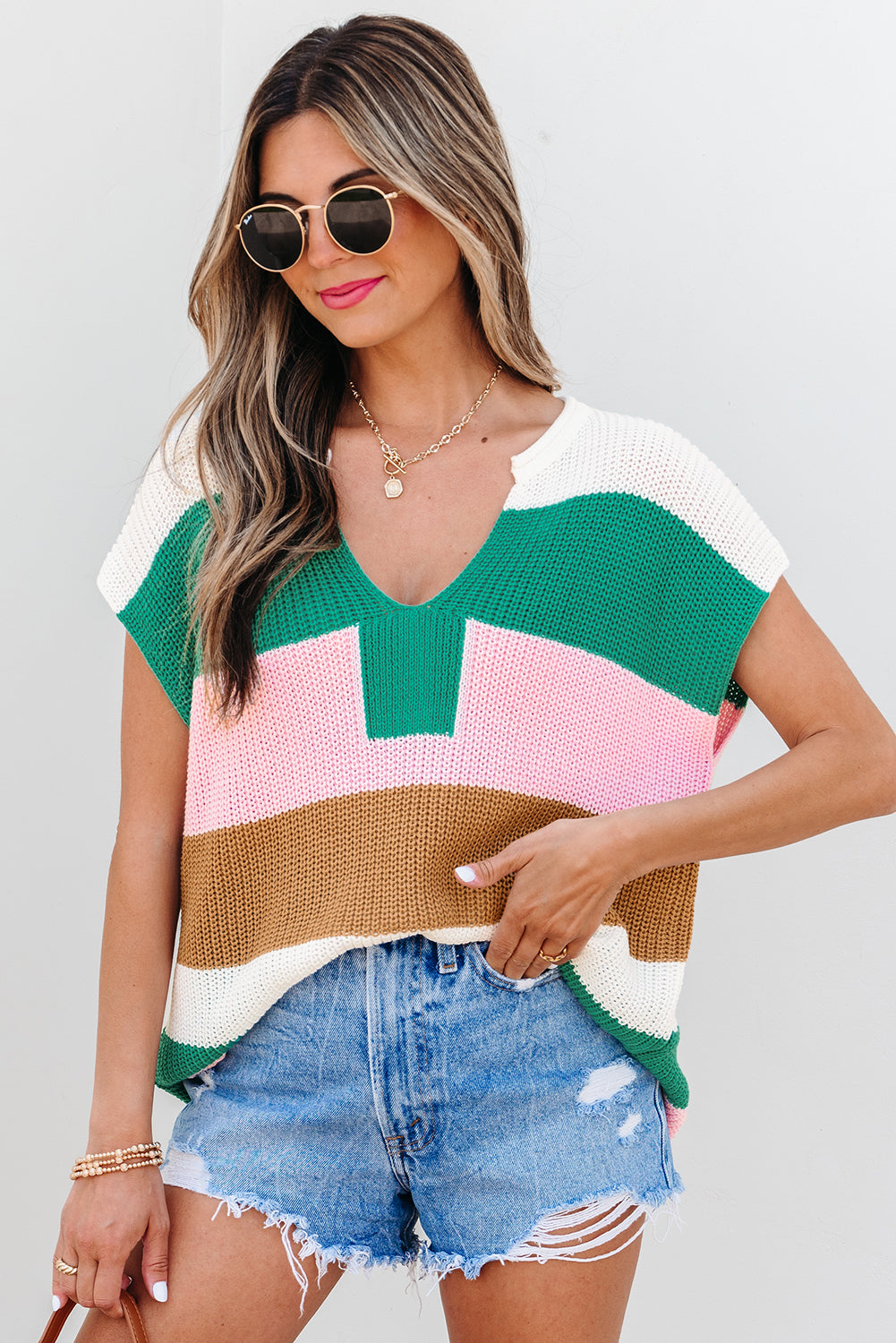 Light Blue Color Block Notch V Neck Sweater T Shirt