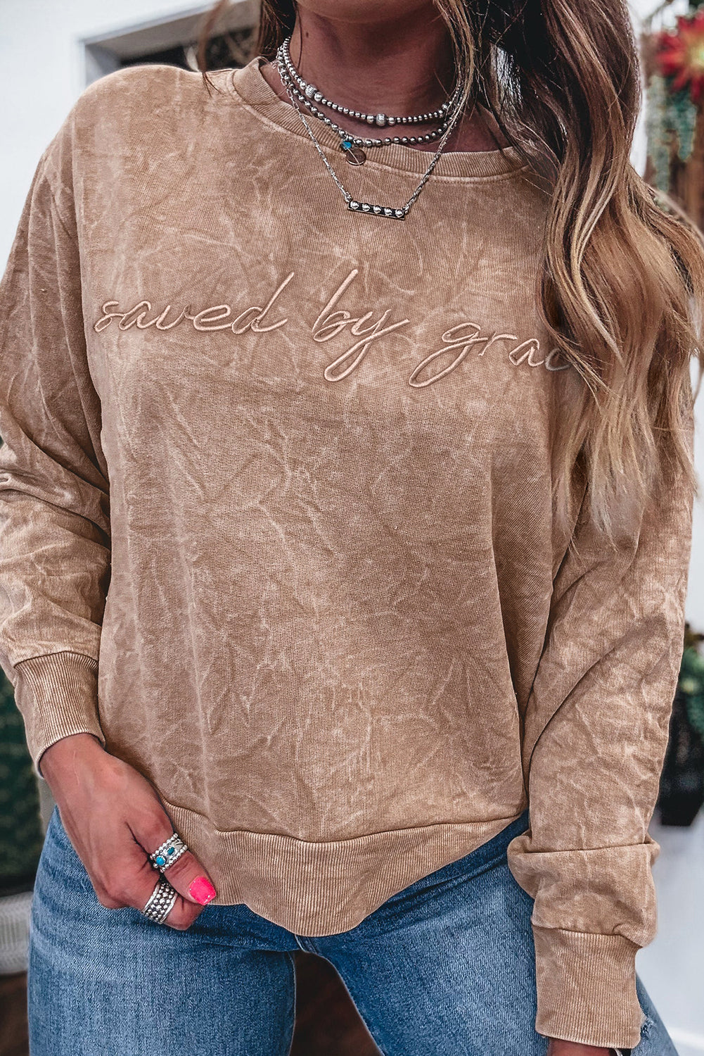 DUNE saved by grace Letter Embroidery Mineral Wash Loose Sweatshirt