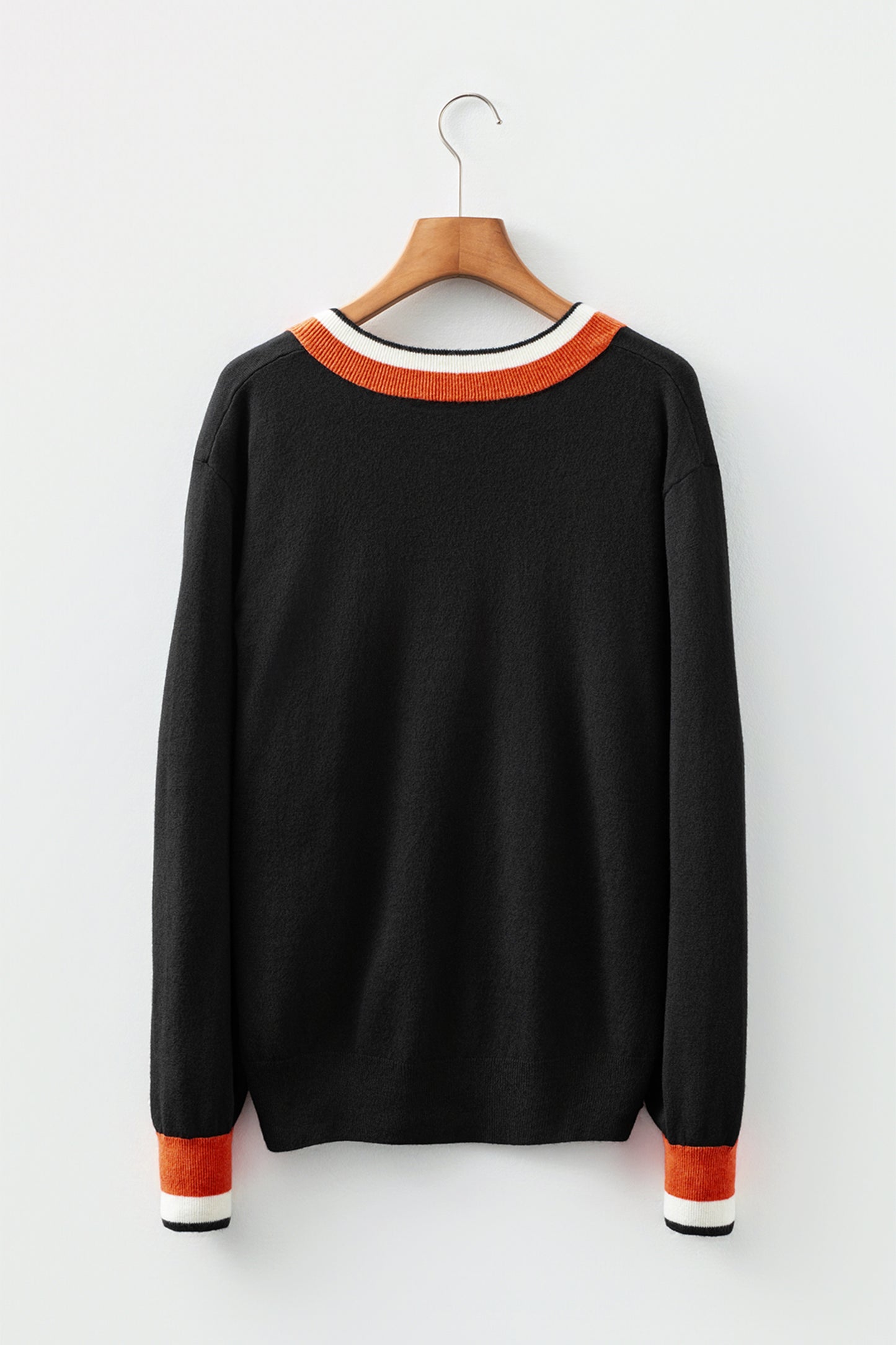 Gray Contrast Striped Trim V Neck Varsity Sweater