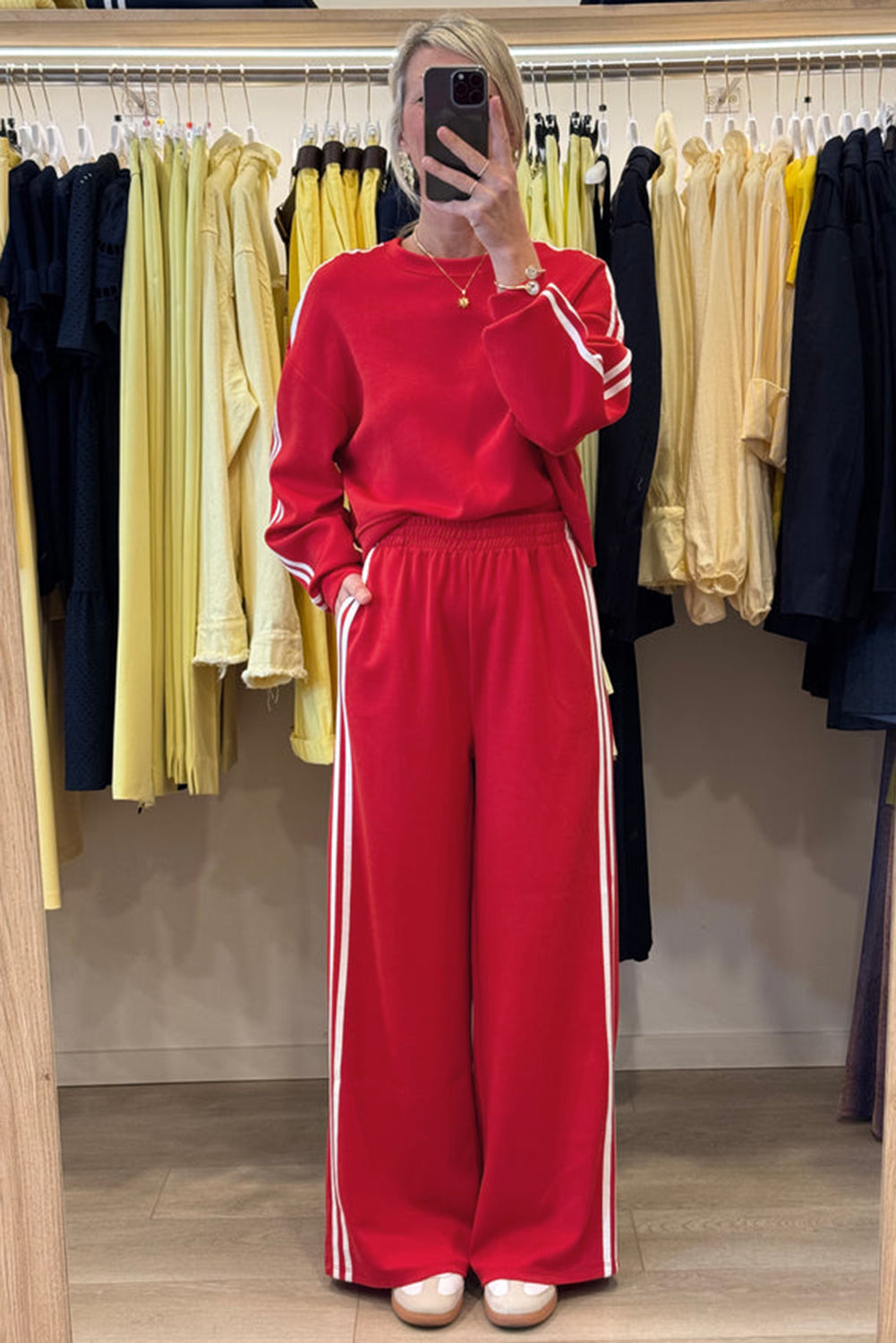 Fiery Red Varsity Striped Detail Crewneck Pullover Elastic Sweatpants 2pcs Outfit