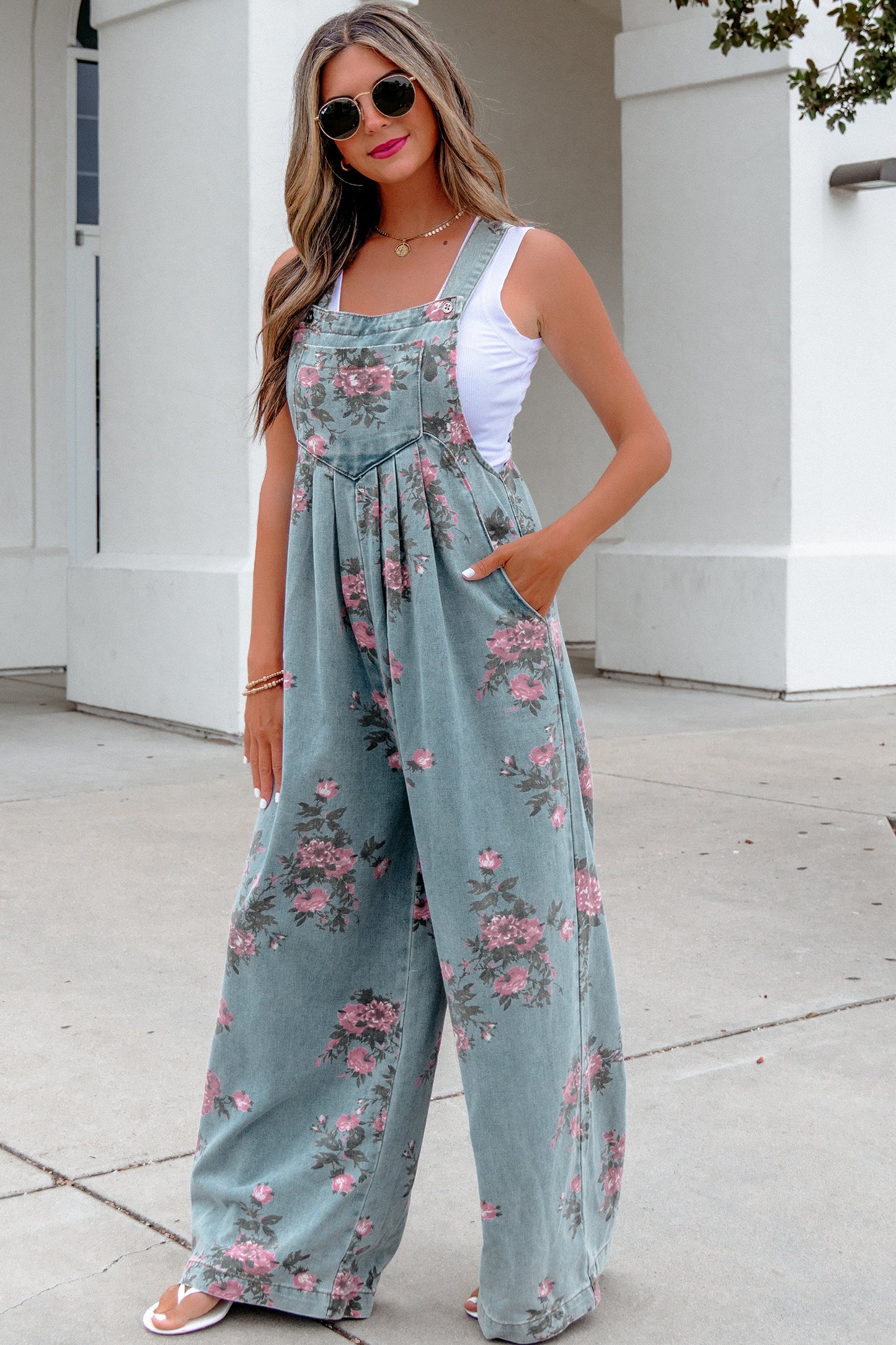 Gray Beau Floral Print Pleated High Waist Wide Leg Denim Jumpsuit