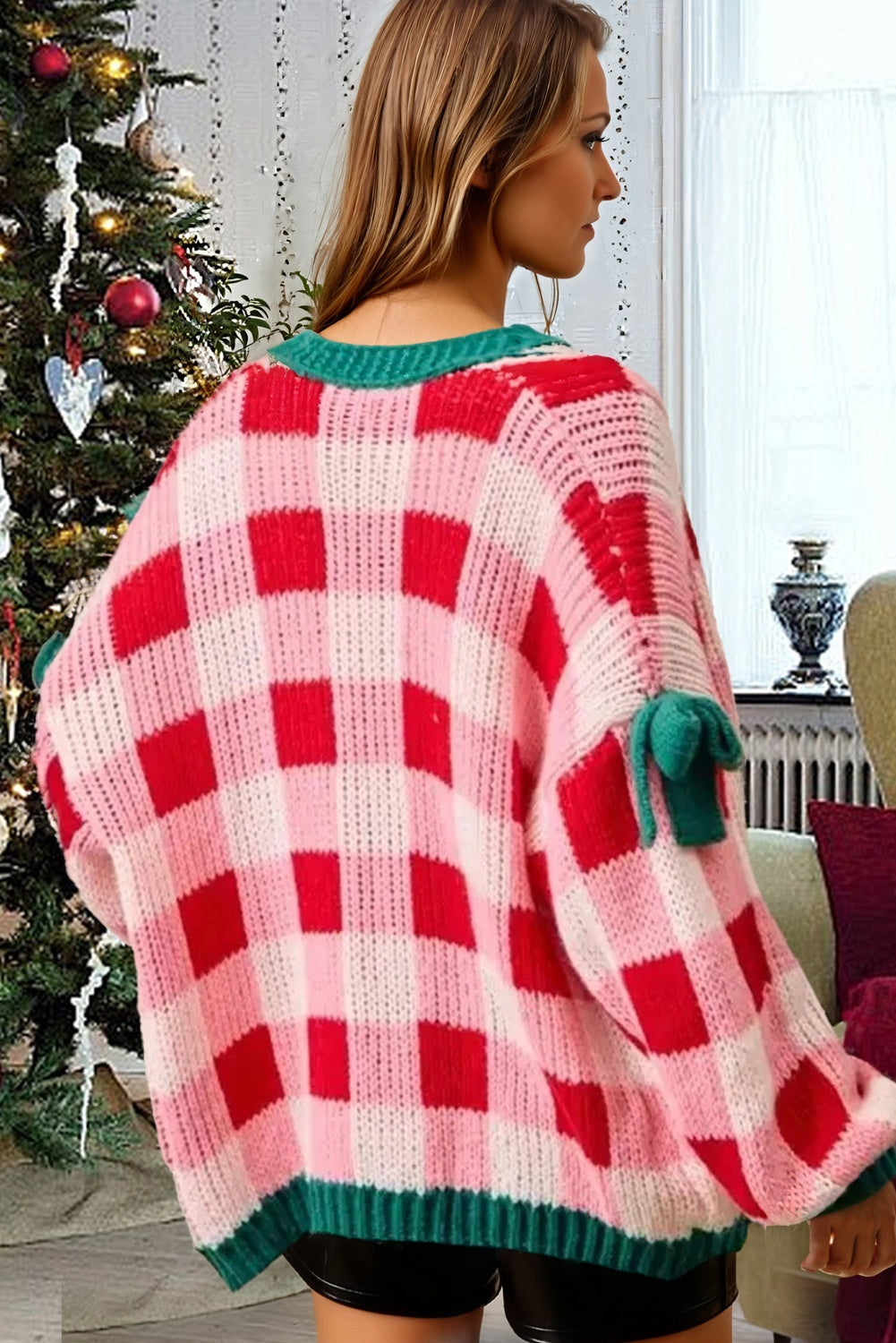 Pink Plaid Knit Bow Knot Decor Open Front Sweater Cardigan