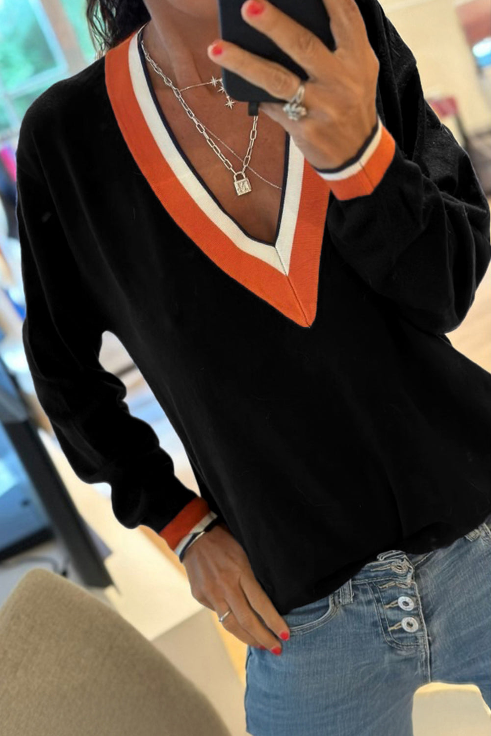 Gray Contrast Striped Trim V Neck Varsity Sweater