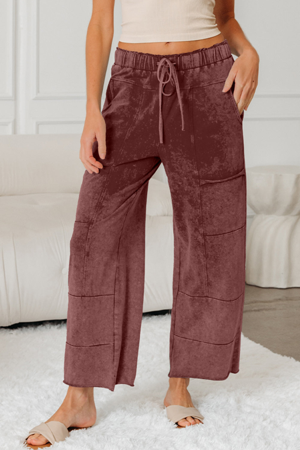Medium Grey Mineral Wash Lace-up High Waist Raw Hem Patched Pocket Pants