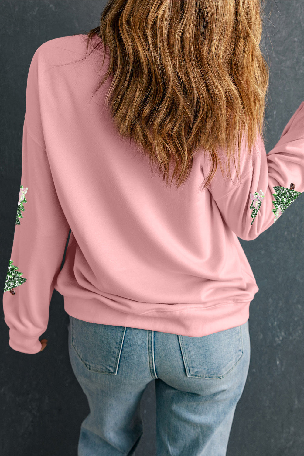 Gray Sequined Xmas Tree Patched Patterned Holiday Pullover Sweatshirt