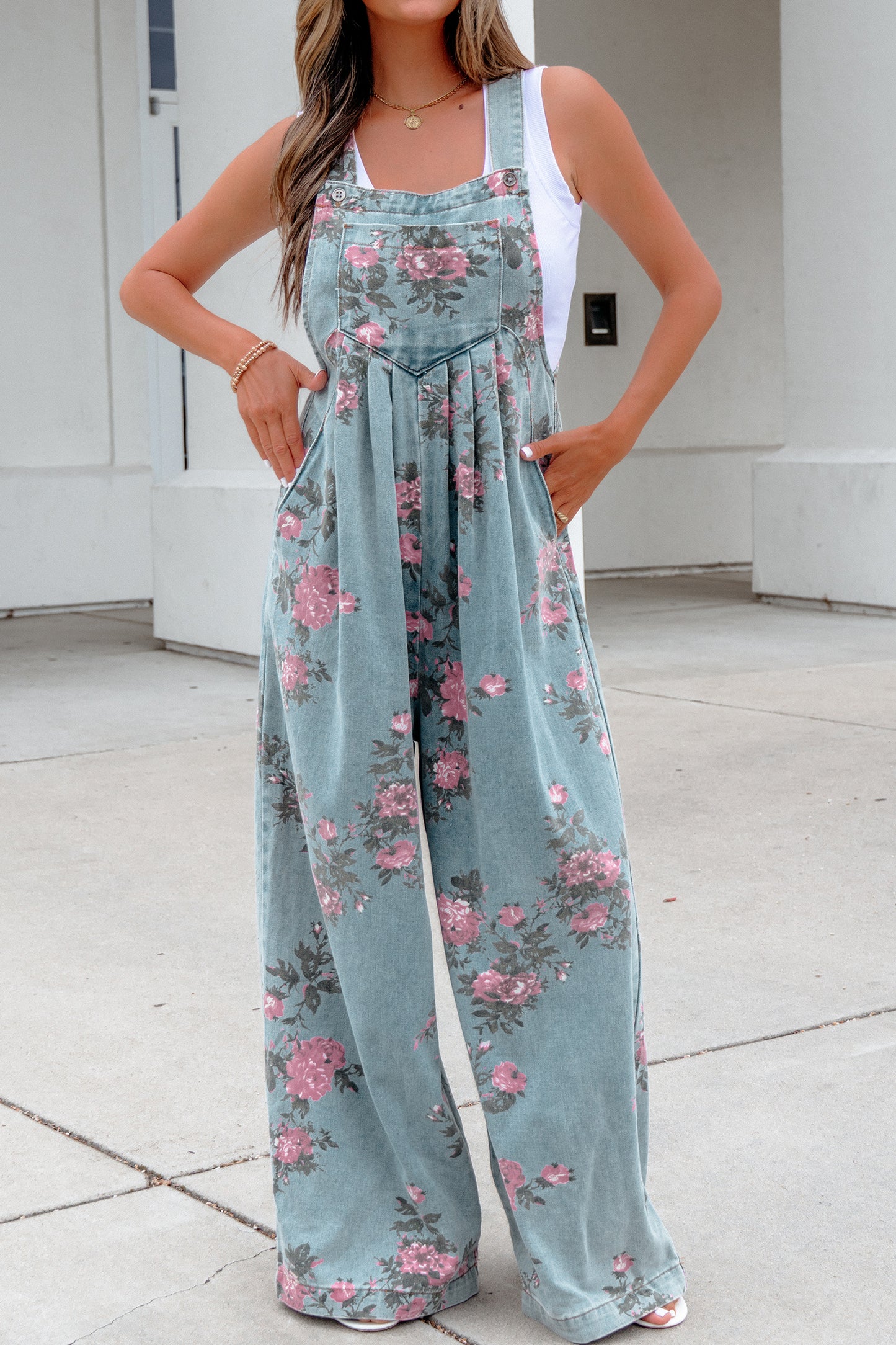 Gray Beau Floral Print Pleated High Waist Wide Leg Denim Jumpsuit