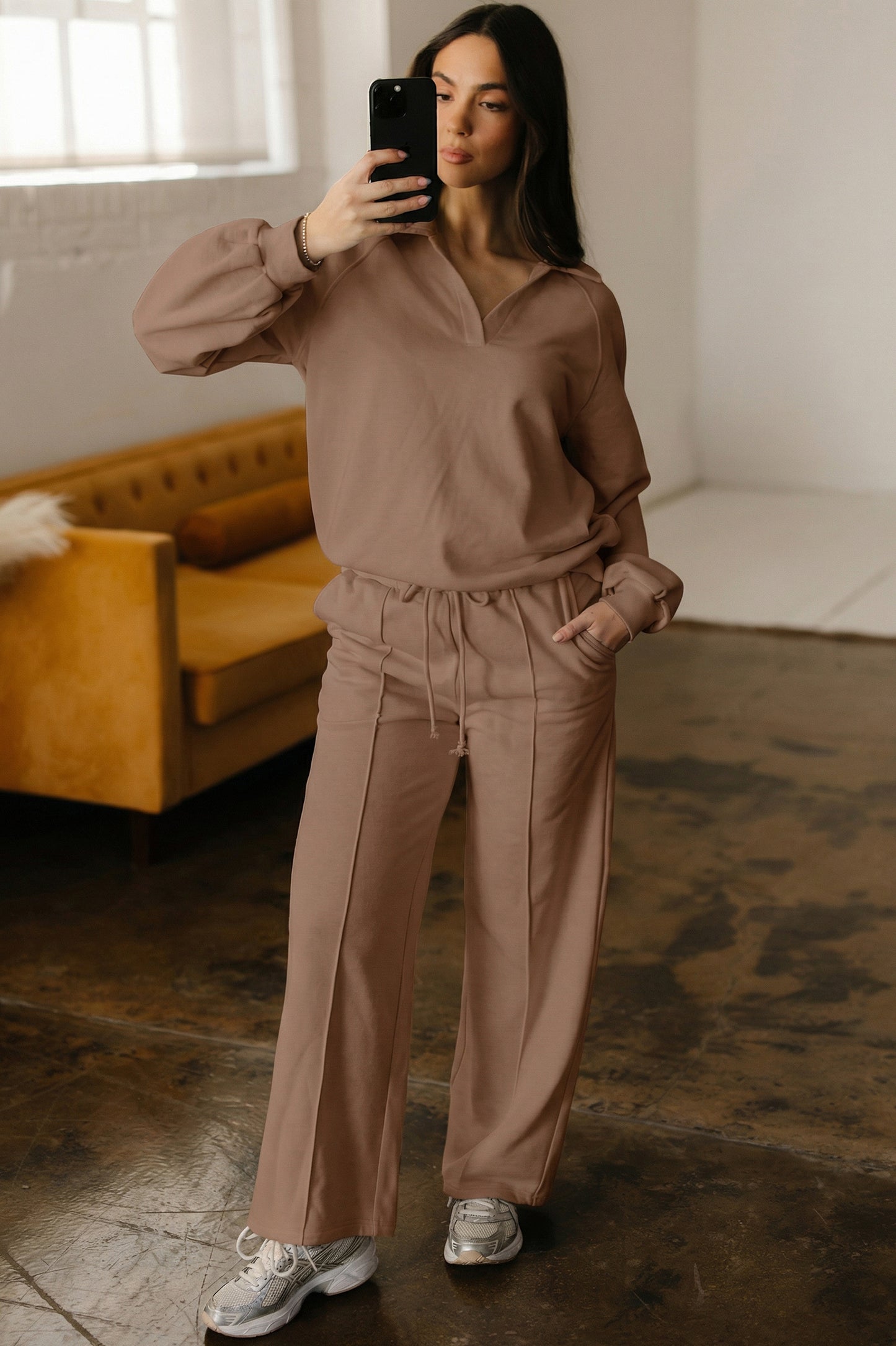 Light Grey Polo Collar V Neck Pullover and Drawstring Sweatpants Set