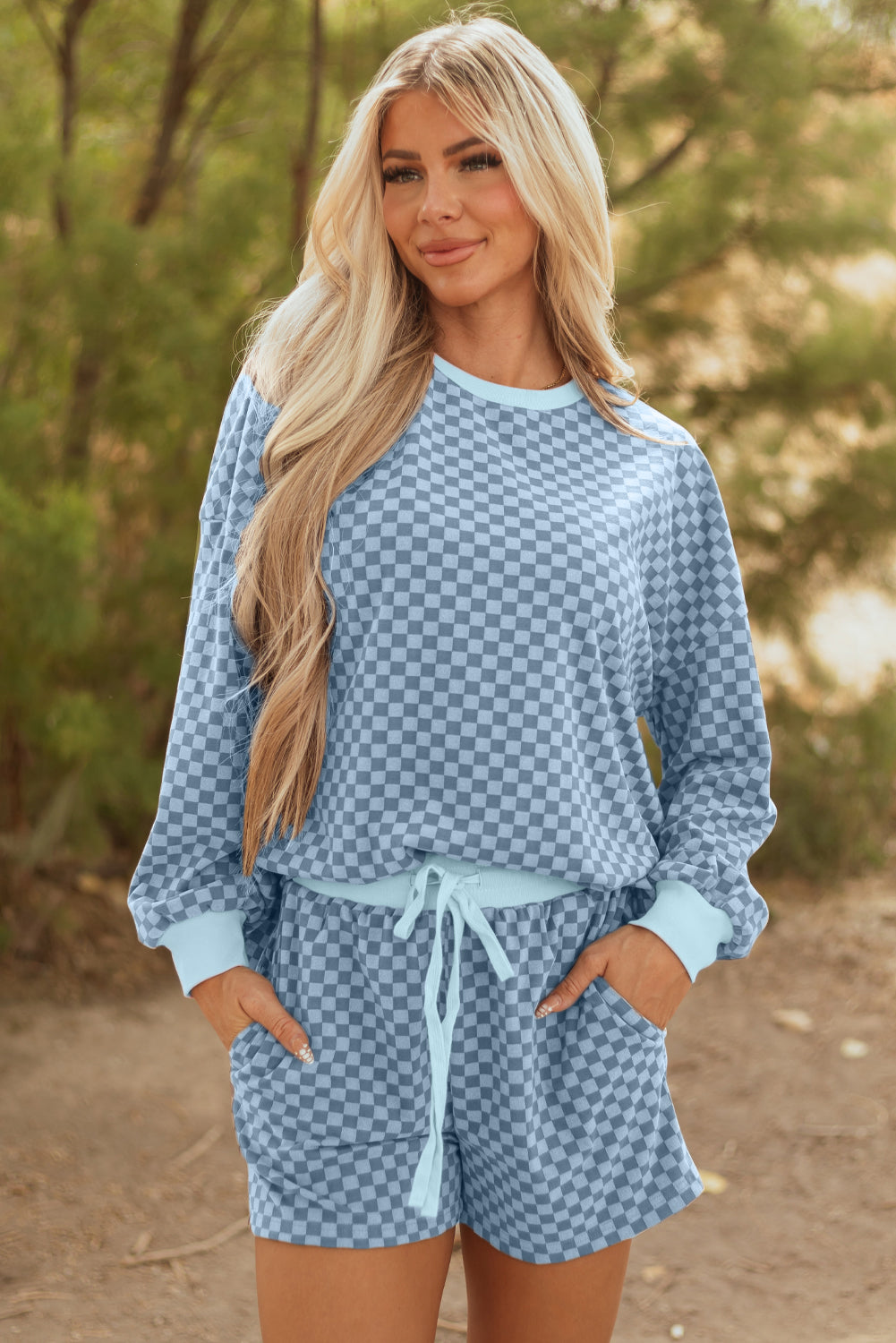 Brown Checkerboard Long Sleeve Pullover and Shorts Set