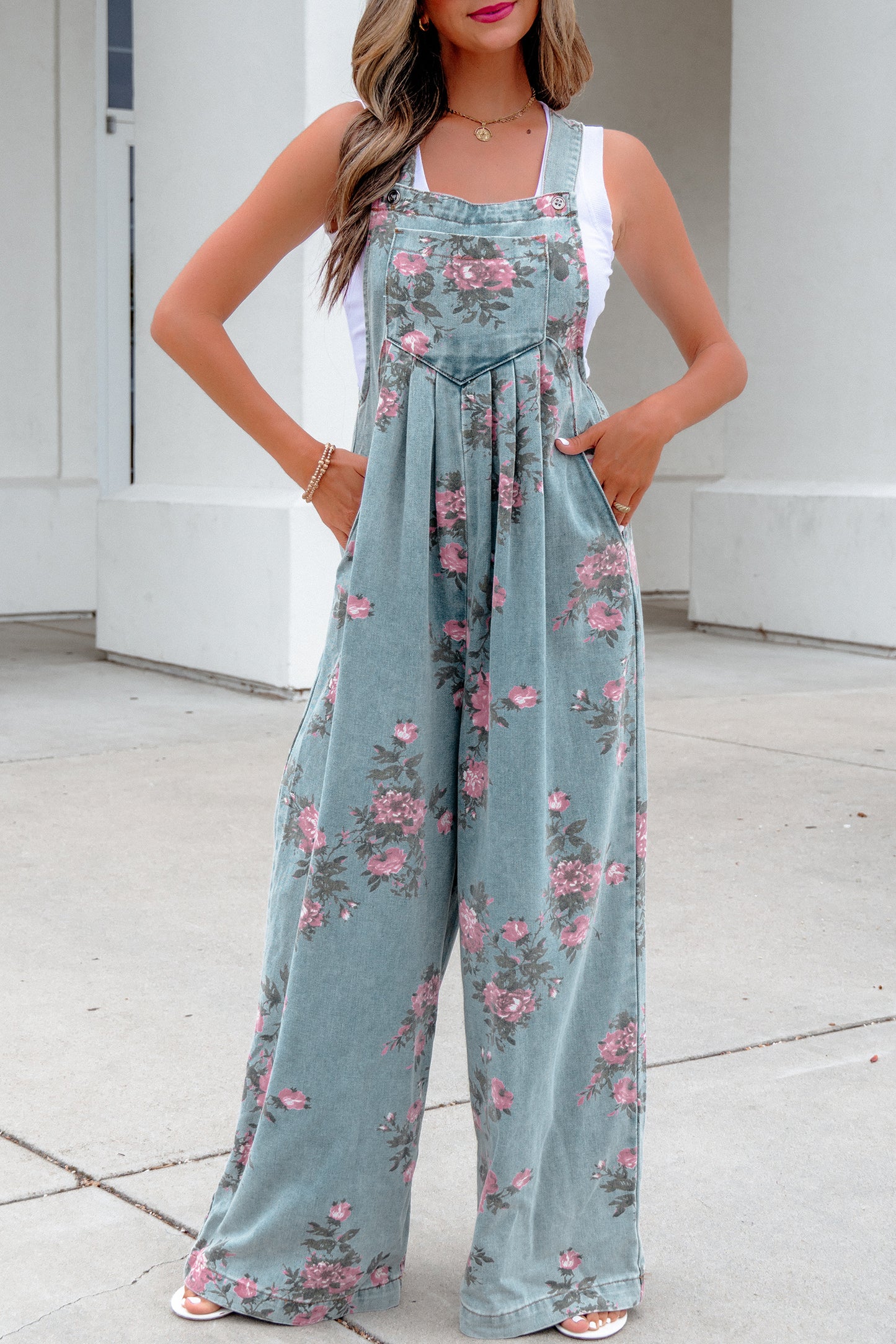 Gray Beau Floral Print Pleated High Waist Wide Leg Denim Jumpsuit