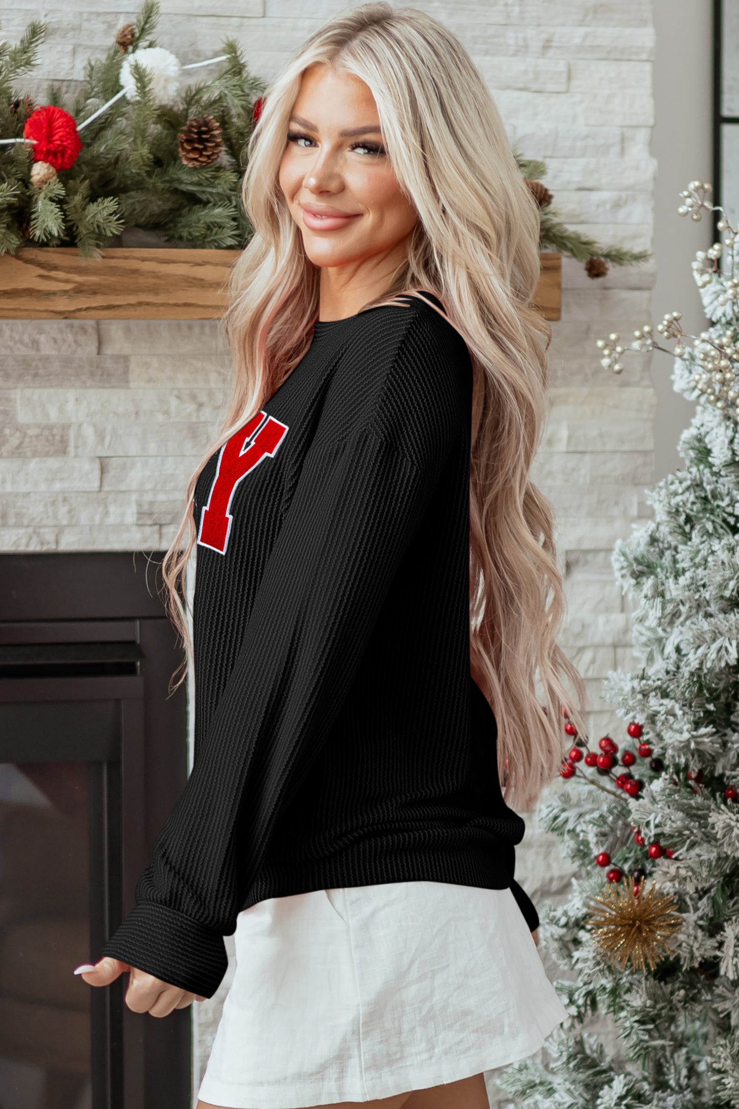 Blackish Green Twisted Rib Outlined Merry Letter Graphic Loose Long Sleeve Top