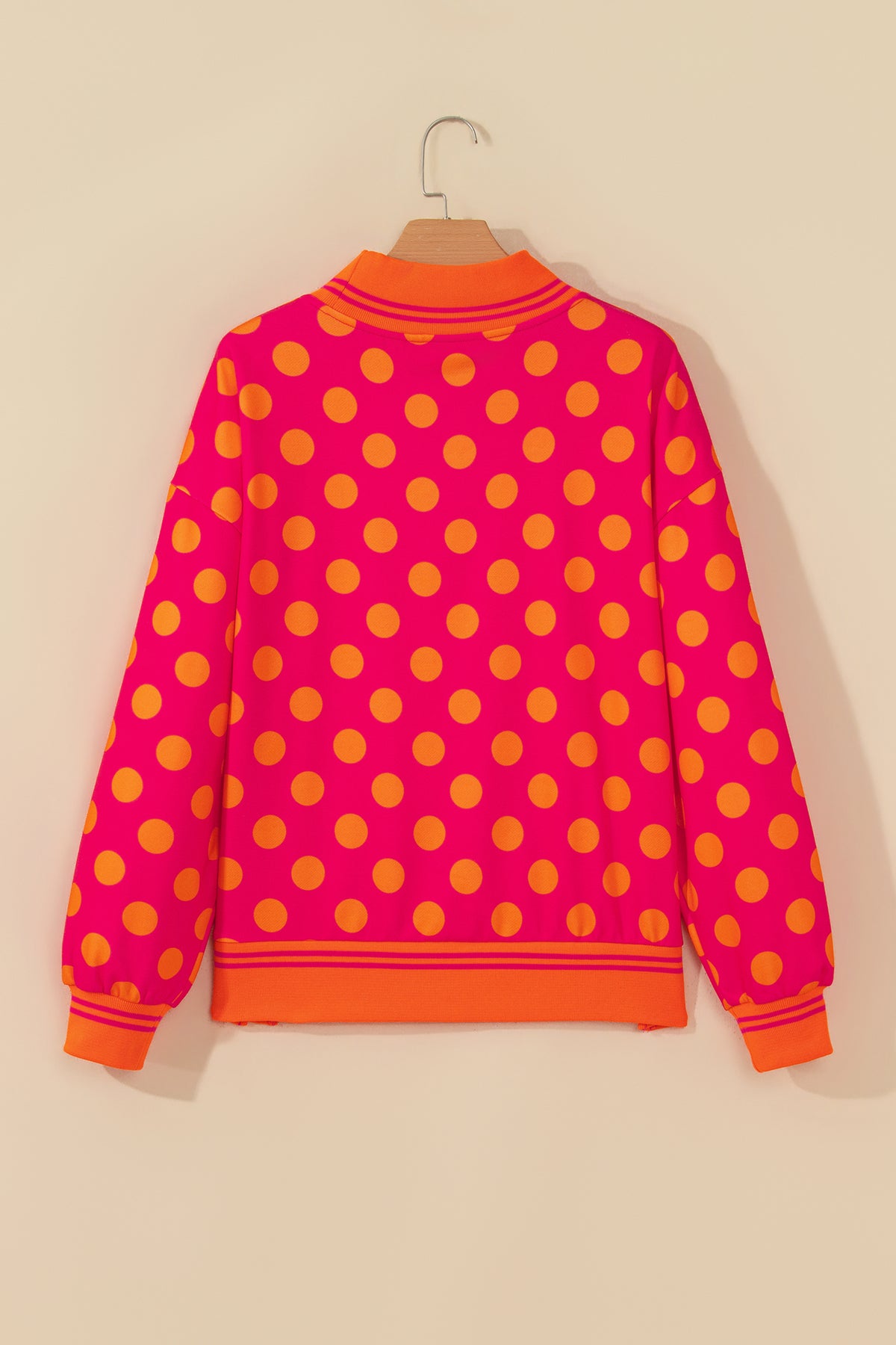 Brown Polka Dot Striped Trim Mock Neck Sweatshirt