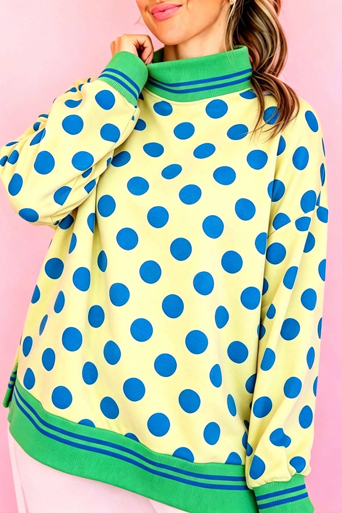 Brown Polka Dot Striped Trim Mock Neck Sweatshirt