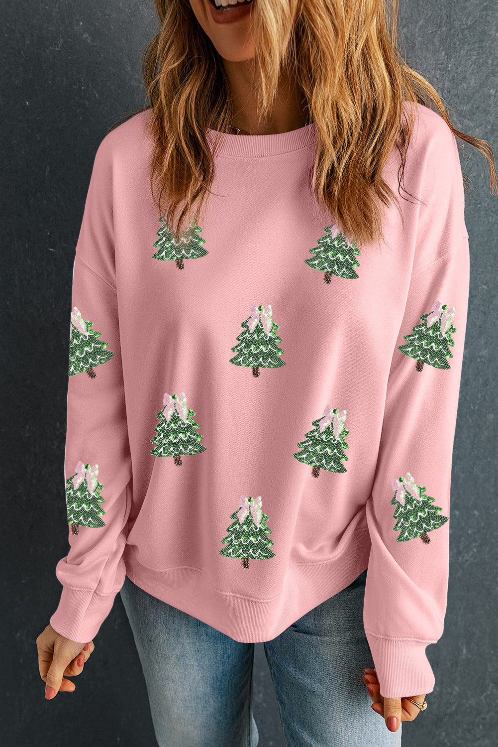 Gray Sequined Xmas Tree Patched Patterned Holiday Pullover Sweatshirt