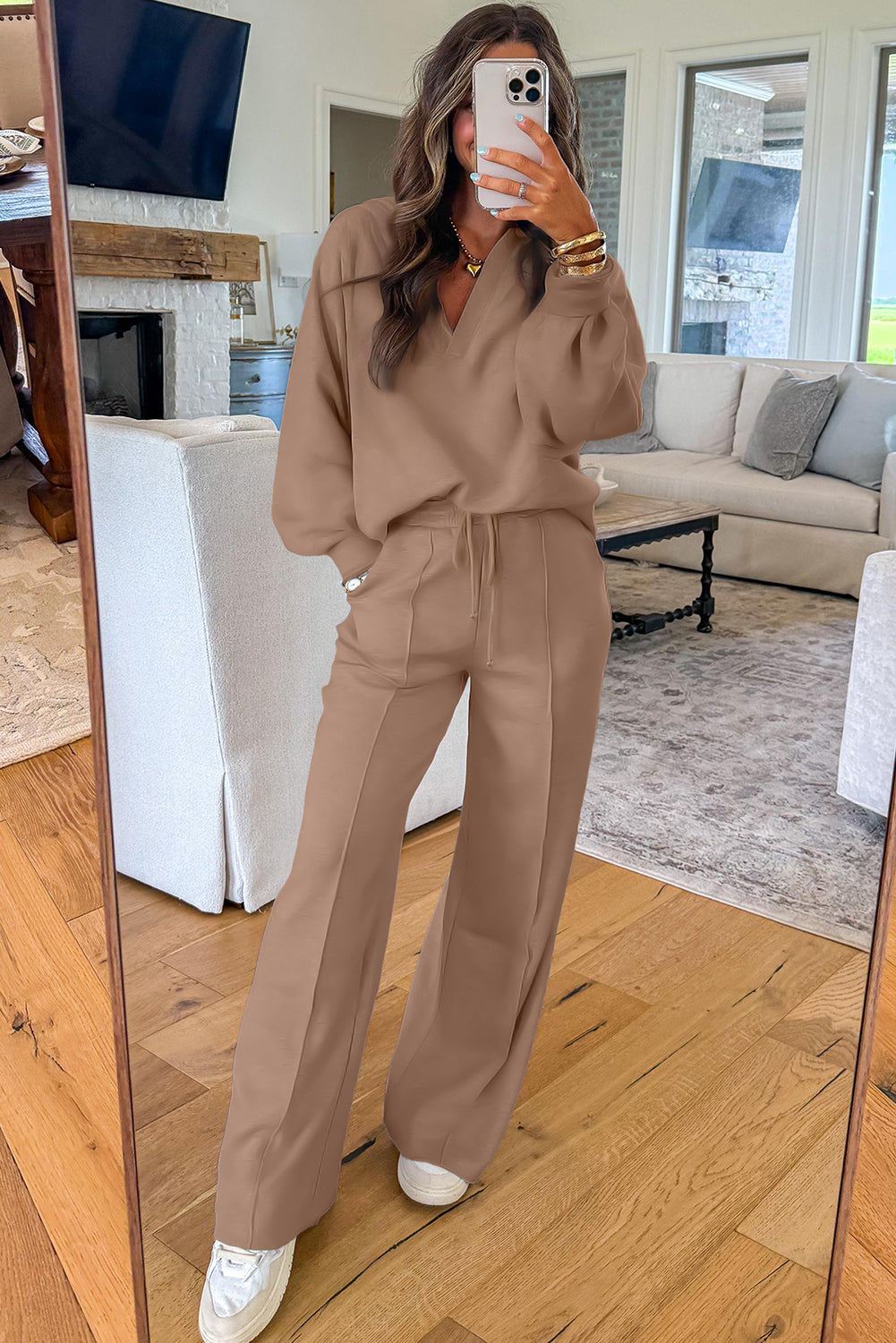 Light Grey Polo Collar V Neck Pullover and Drawstring Sweatpants Set