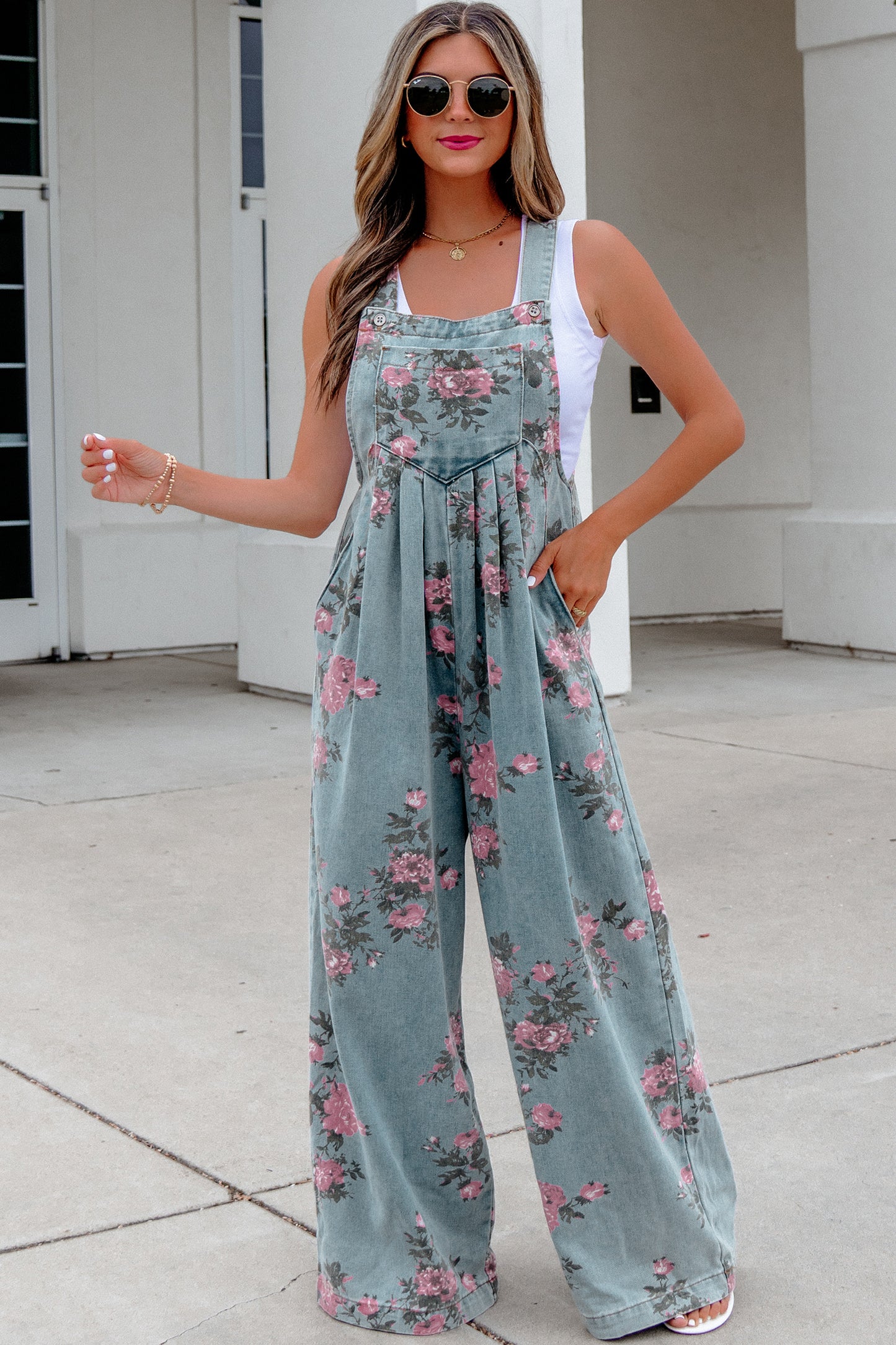 Gray Beau Floral Print Pleated High Waist Wide Leg Denim Jumpsuit