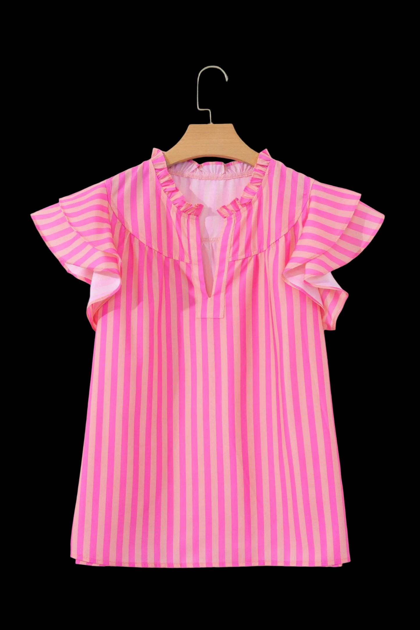 Pink Stripe Split Neck Ruffled Summer Blouse