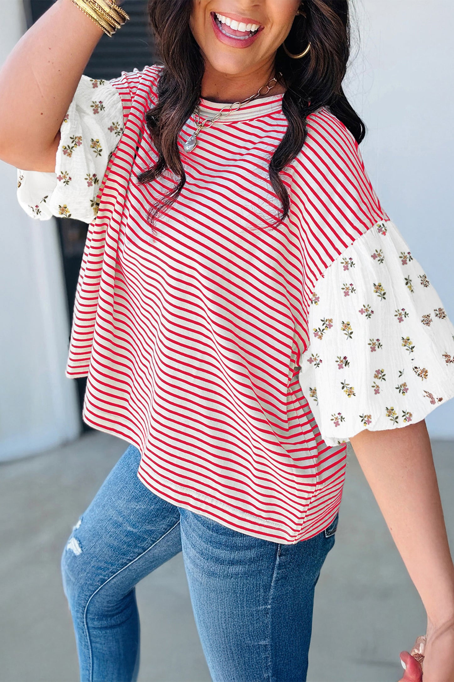 Green Stripe Floral Puff Sleeve Patchwork Round Neck Loose Top