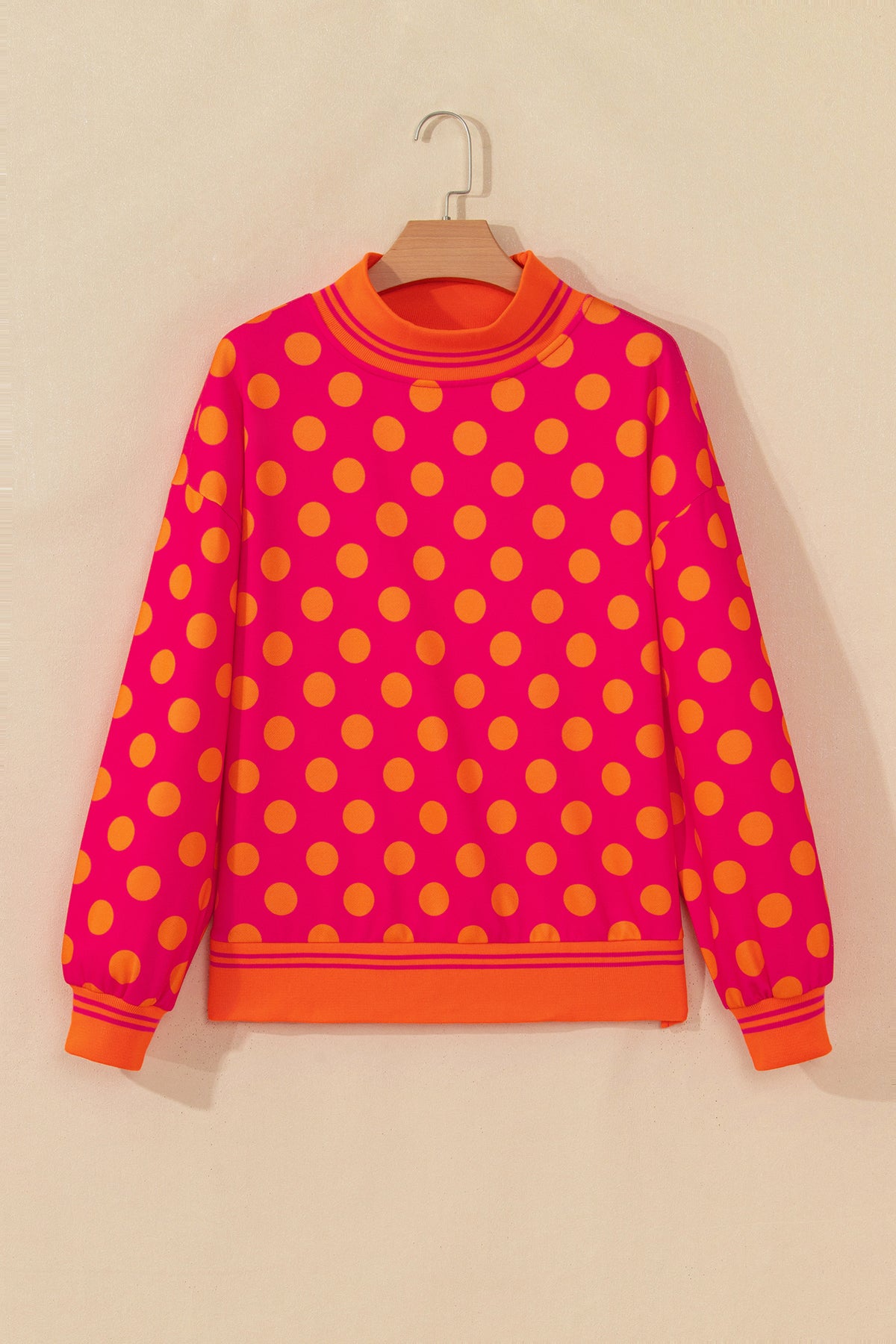 Brown Polka Dot Striped Trim Mock Neck Sweatshirt