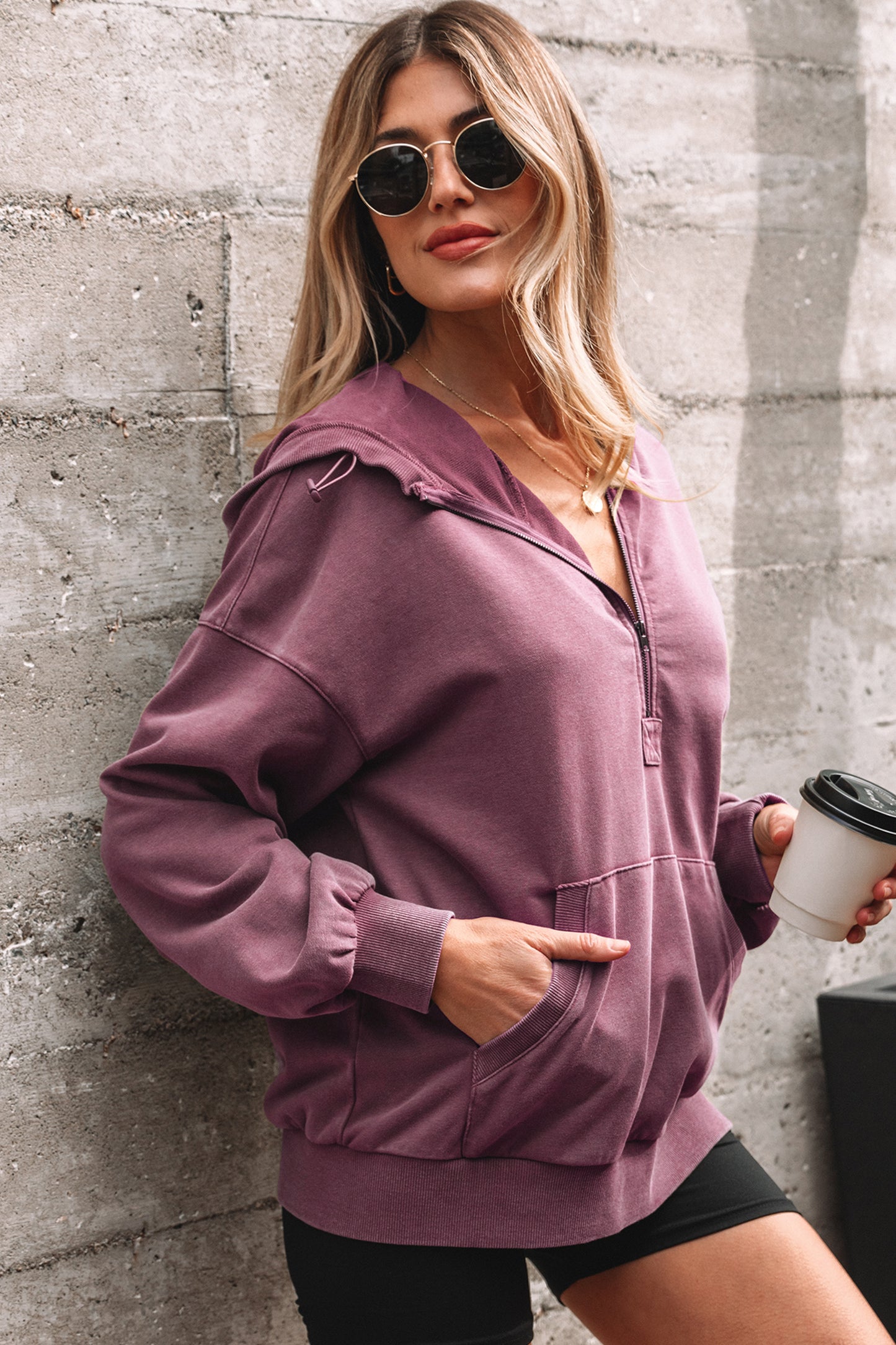 Elmwood Half Zip Kangaroo Pocket Mineral Wash Baggy Hoodie