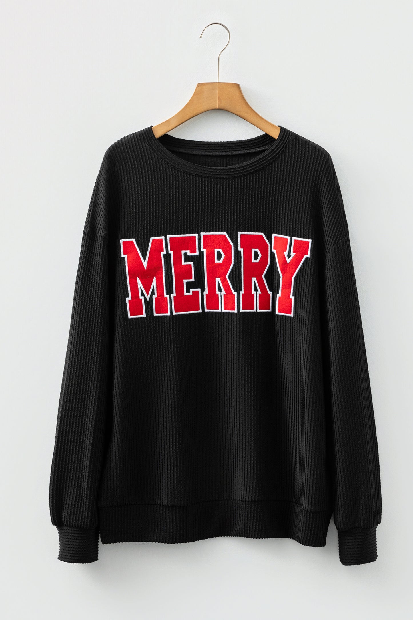Blackish Green Twisted Rib Outlined Merry Letter Graphic Loose Long Sleeve Top
