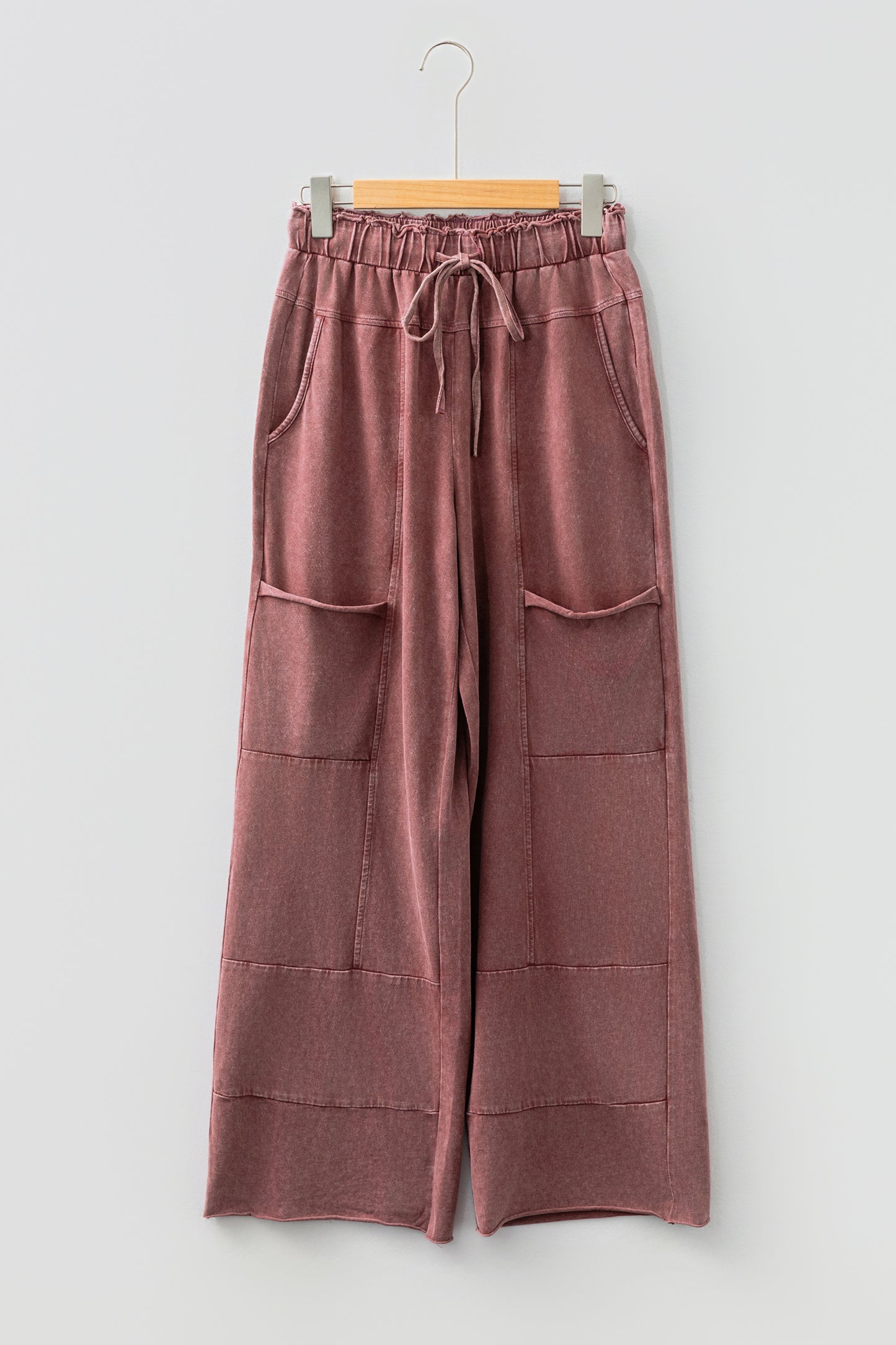 Medium Grey Mineral Wash Lace-up High Waist Raw Hem Patched Pocket Pants