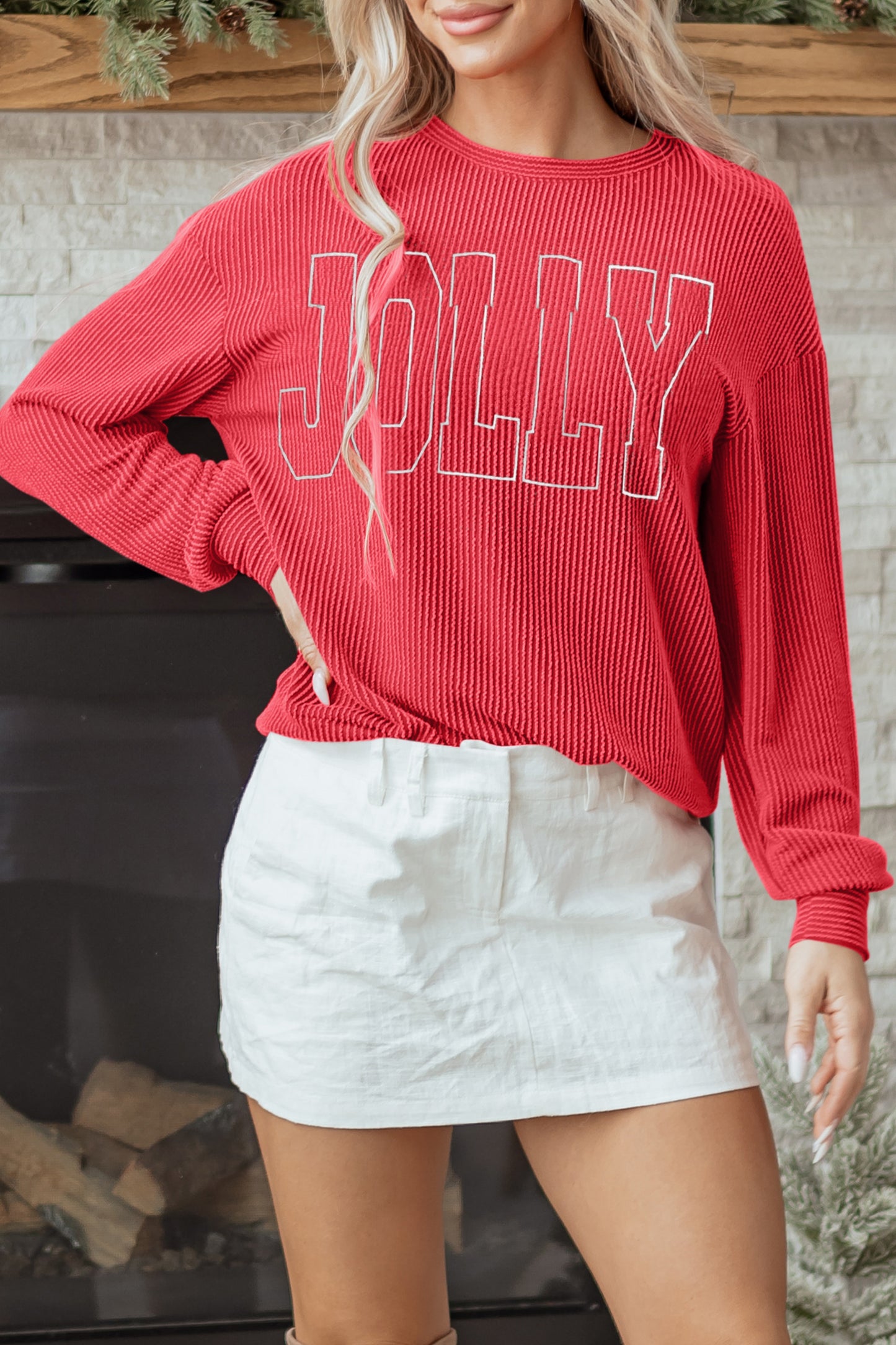 Blackish Green Twisted Rib Outlined Merry Letter Graphic Loose Long Sleeve Top