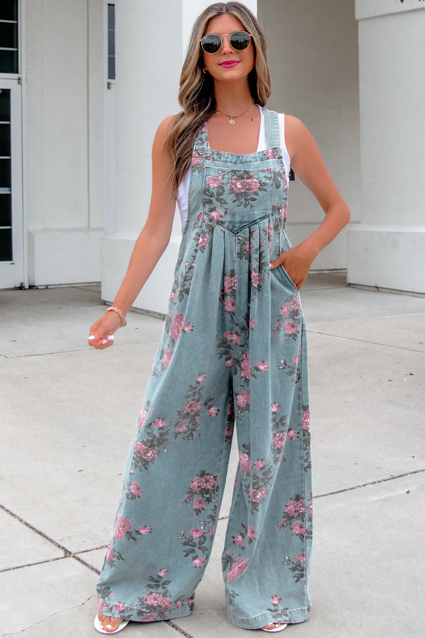Gray Beau Floral Print Pleated High Waist Wide Leg Denim Jumpsuit