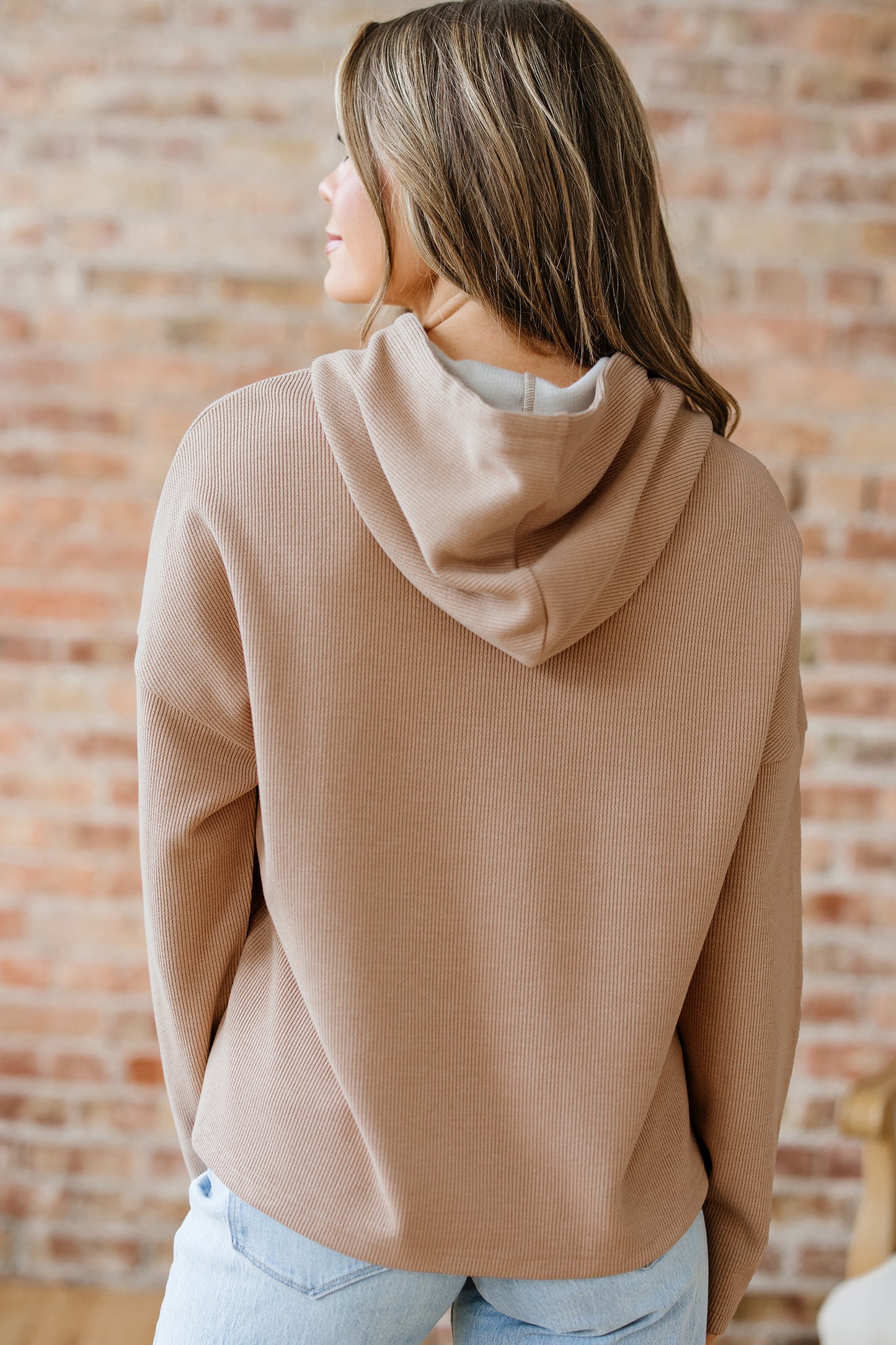 Rose Tan Thermal Textured Lace Drawstring Baggy Hoodie