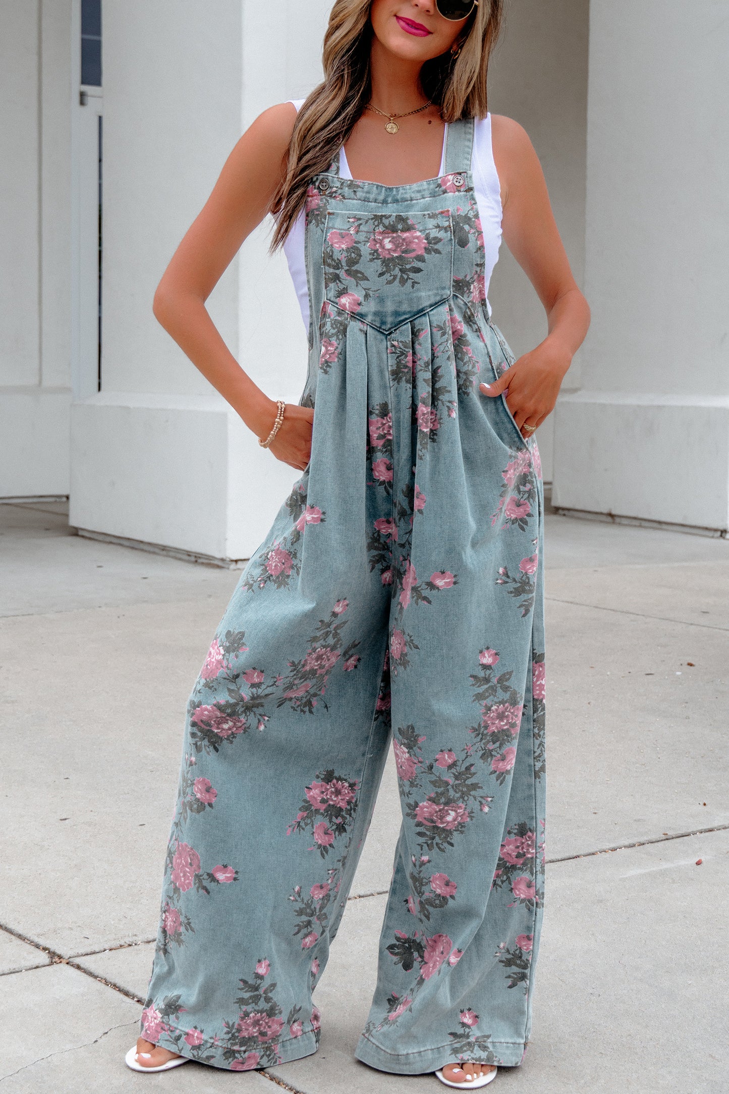 Gray Beau Floral Print Pleated High Waist Wide Leg Denim Jumpsuit