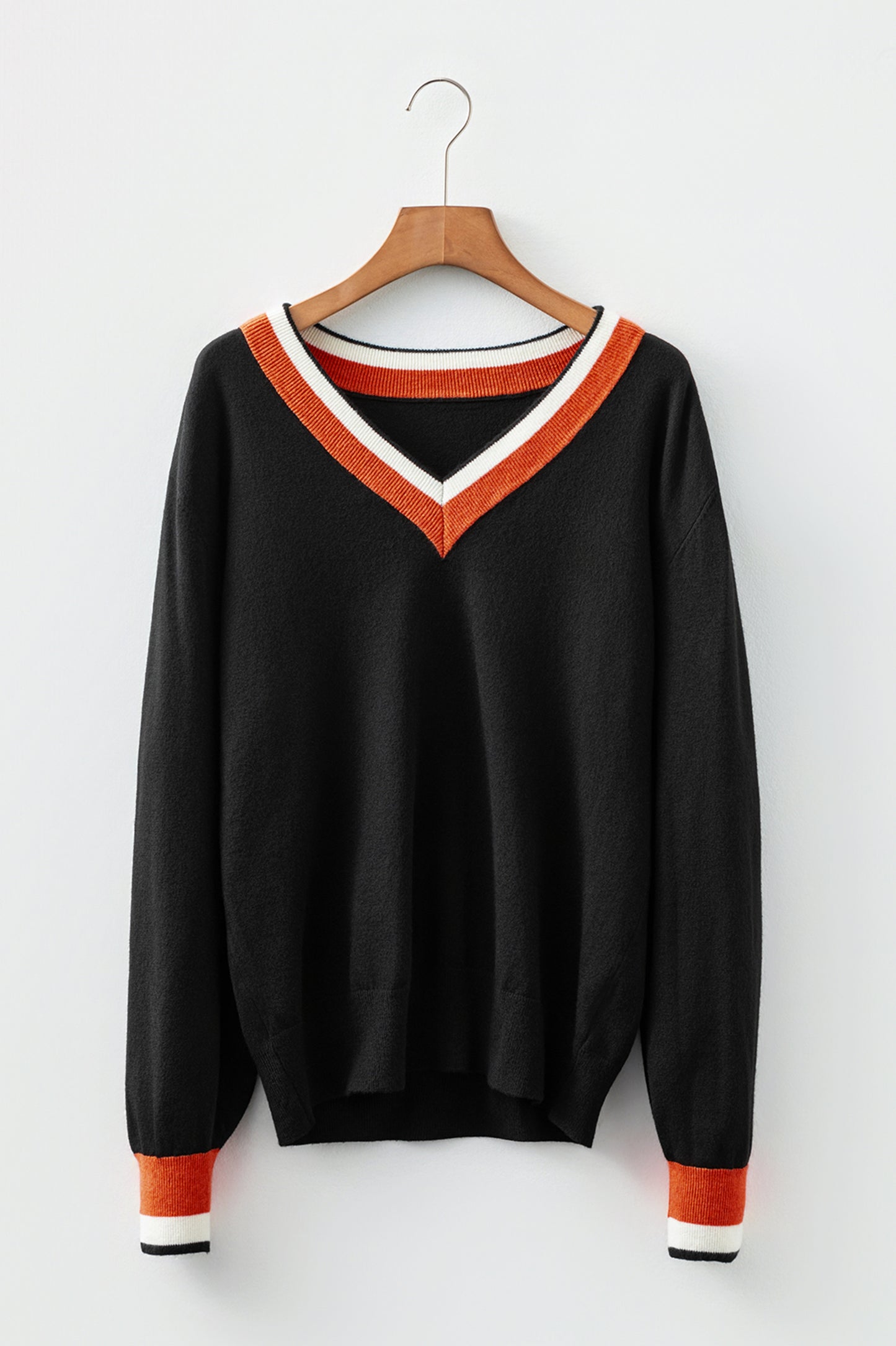 Gray Contrast Striped Trim V Neck Varsity Sweater