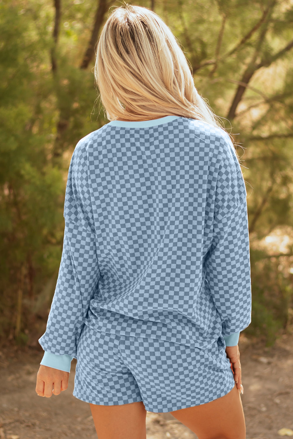 Brown Checkerboard Long Sleeve Pullover and Shorts Set