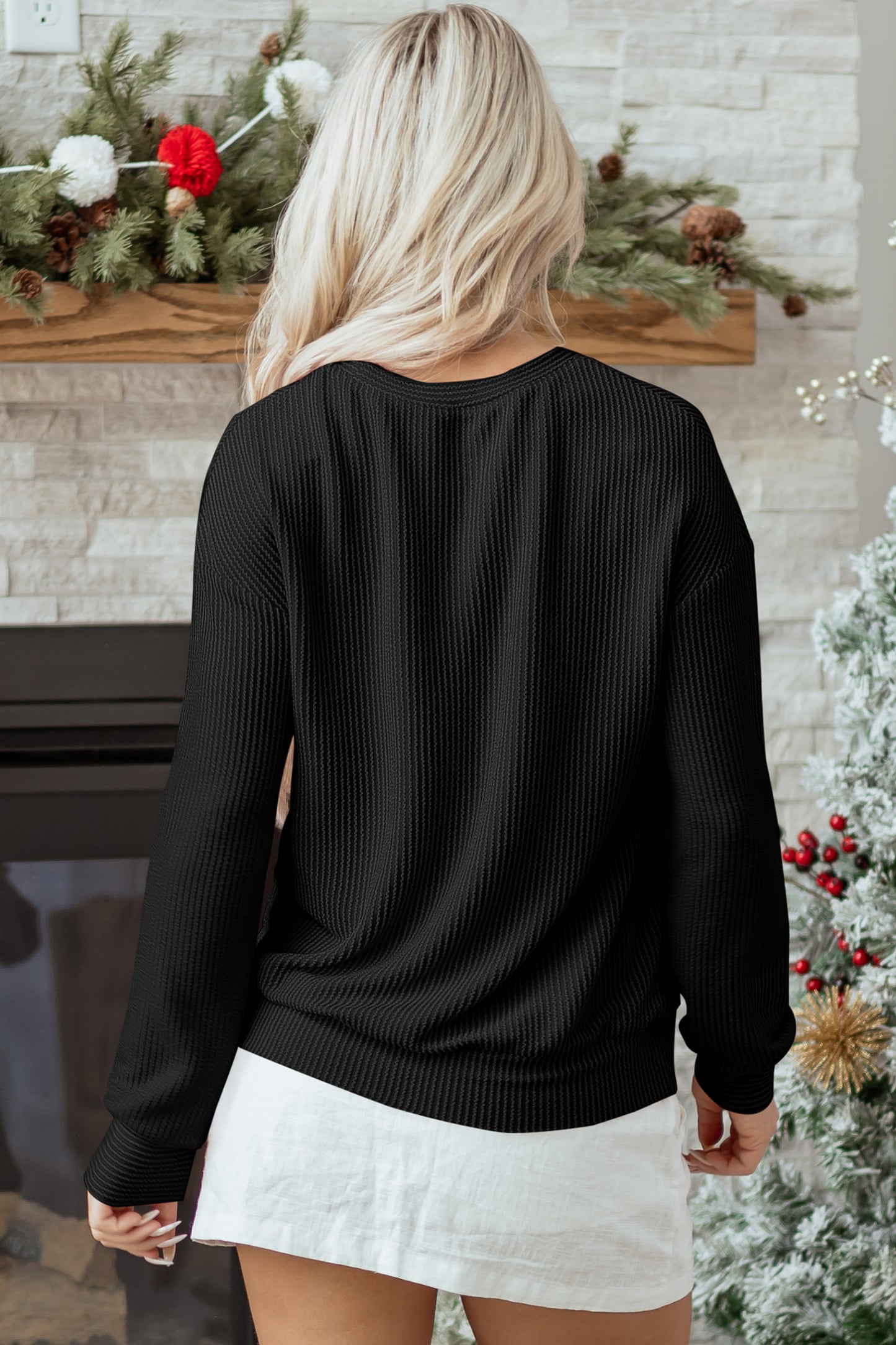 Blackish Green Twisted Rib Outlined Merry Letter Graphic Loose Long Sleeve Top