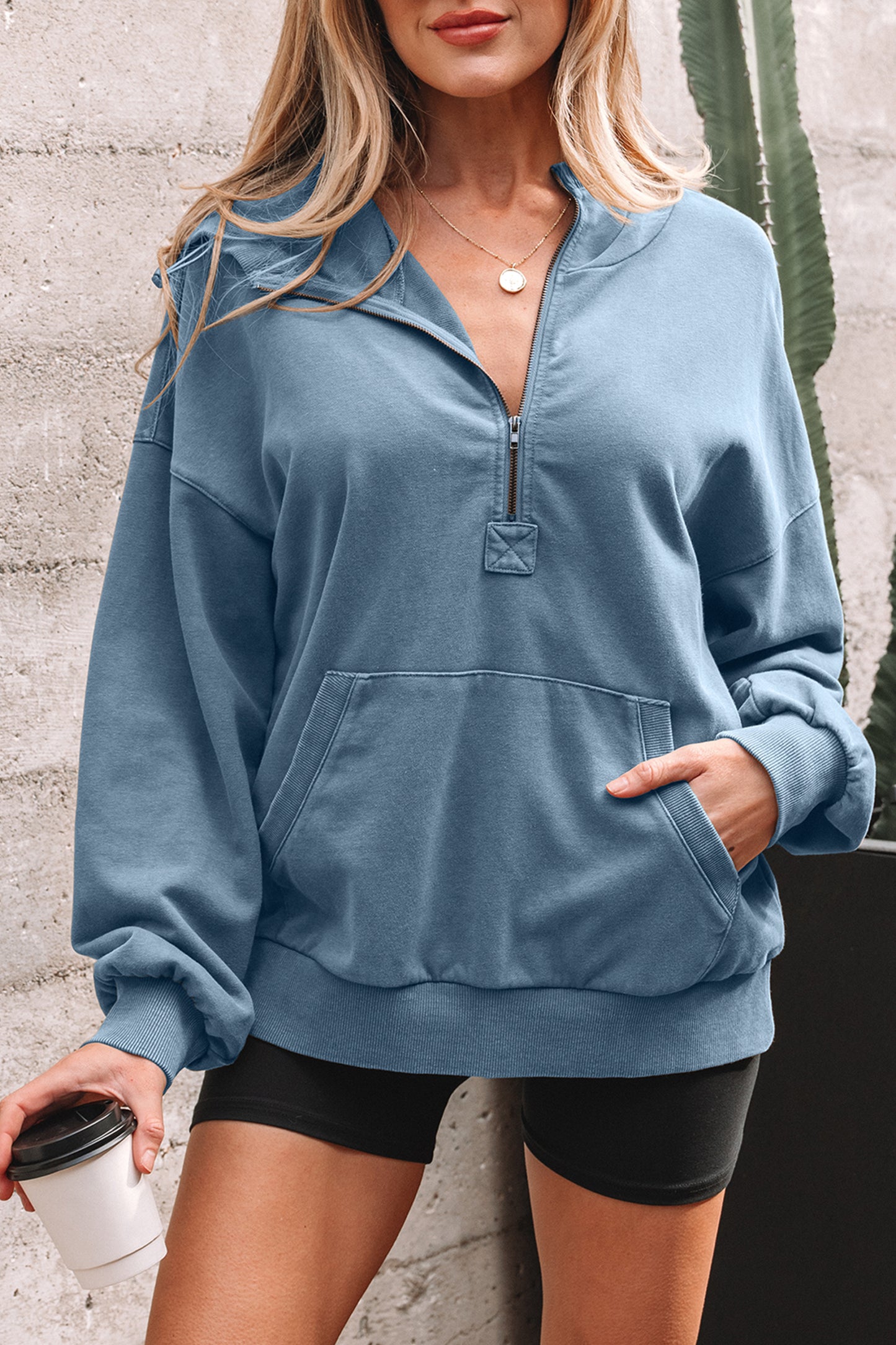 Elmwood Half Zip Kangaroo Pocket Mineral Wash Baggy Hoodie