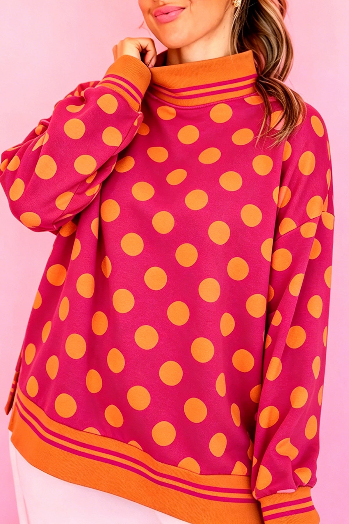 Brown Polka Dot Striped Trim Mock Neck Sweatshirt