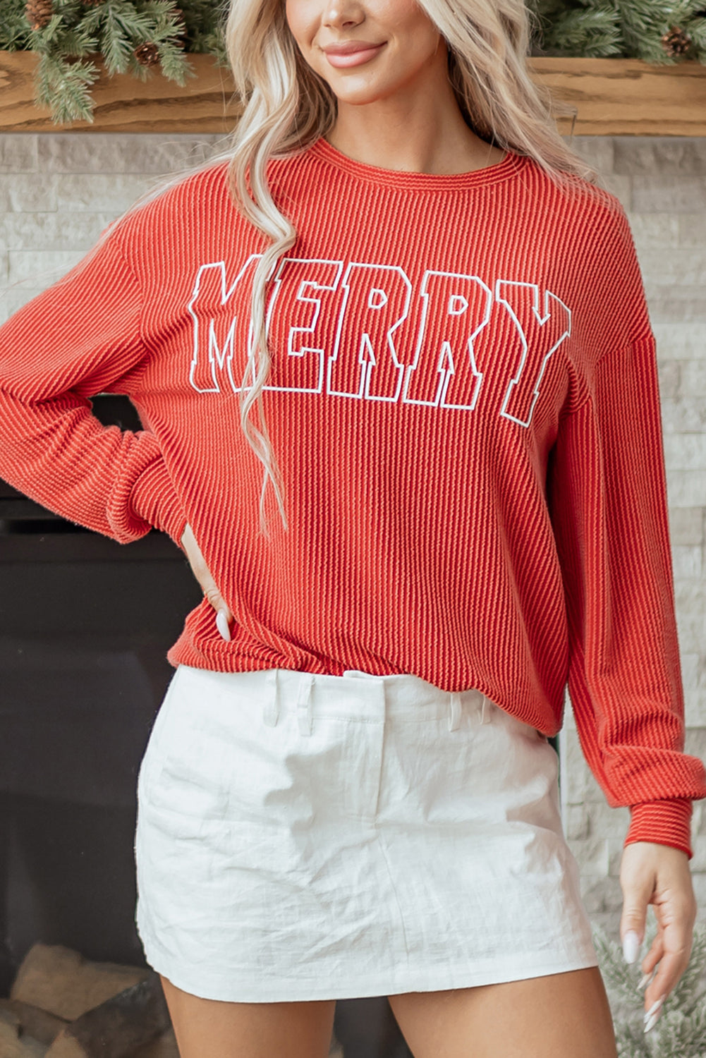 Blackish Green Twisted Rib Outlined Merry Letter Graphic Loose Long Sleeve Top