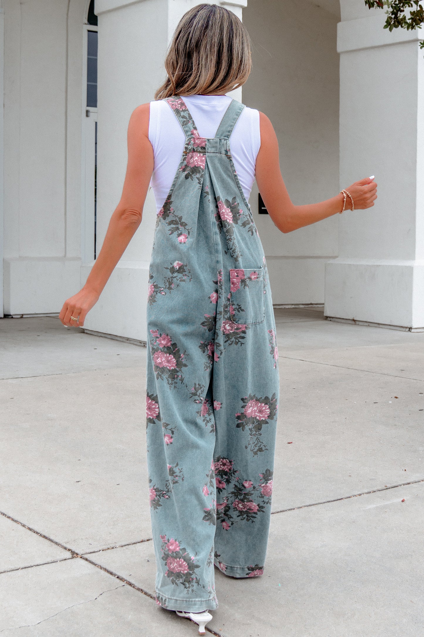 Gray Beau Floral Print Pleated High Waist Wide Leg Denim Jumpsuit