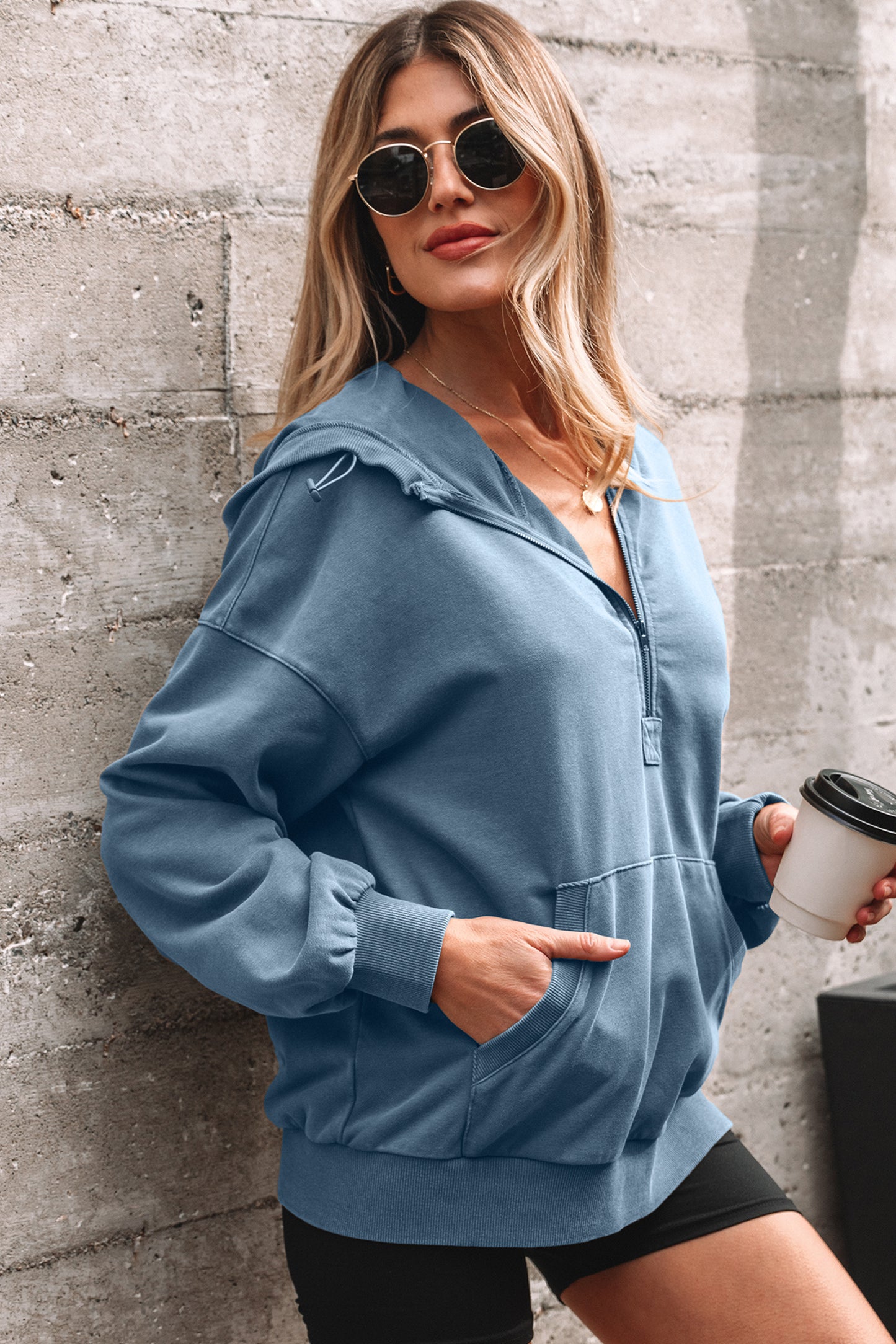 Elmwood Half Zip Kangaroo Pocket Mineral Wash Baggy Hoodie