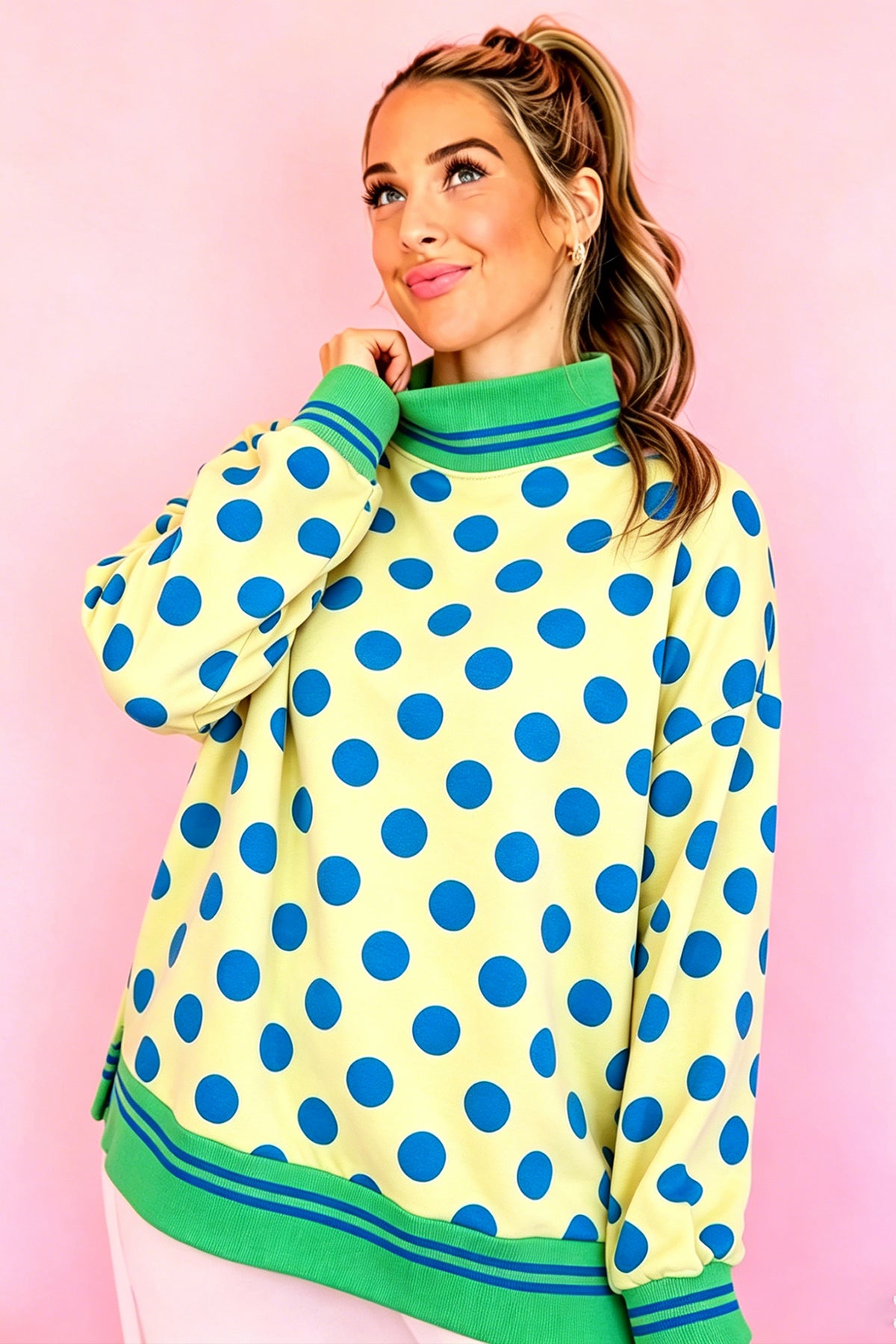 Brown Polka Dot Striped Trim Mock Neck Sweatshirt
