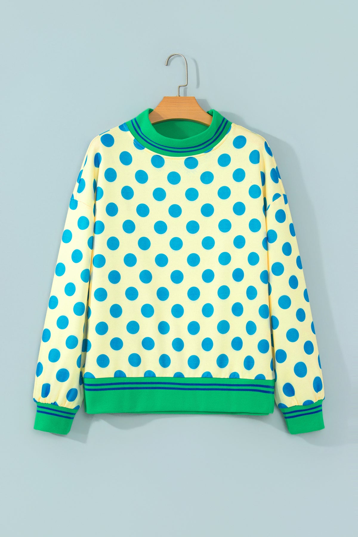 Brown Polka Dot Striped Trim Mock Neck Sweatshirt